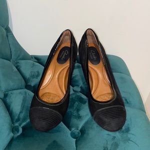 Clarks Artisan black suede heels, fits like 9-9.5.